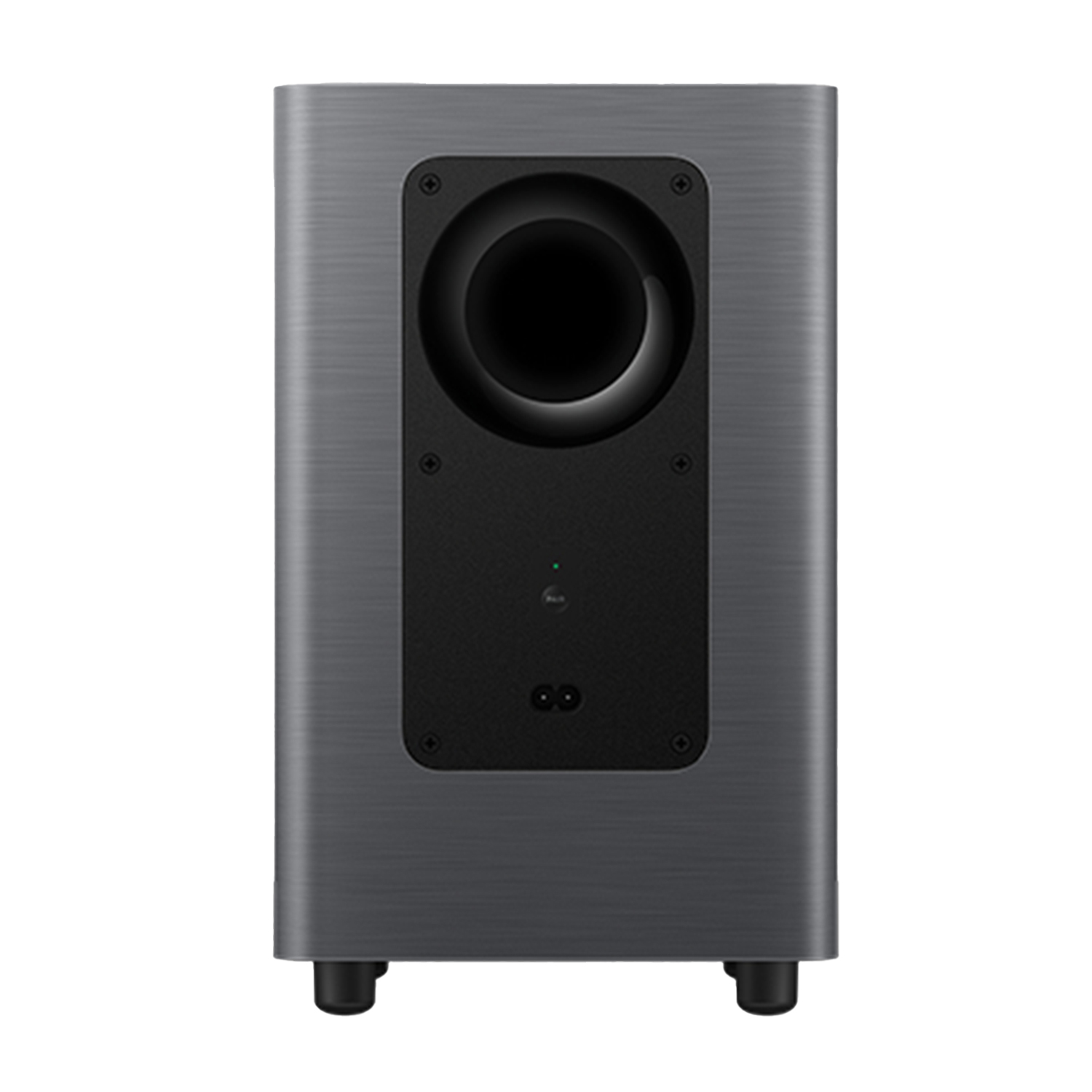 Un subwoofer grigio con un altoparlante nero. Il retro ha un pannello nero con una luce verde.