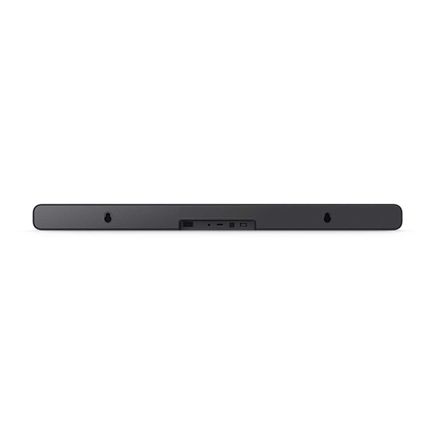 Soundbar nera su sfondo bianco, con porte visibili sul retro.