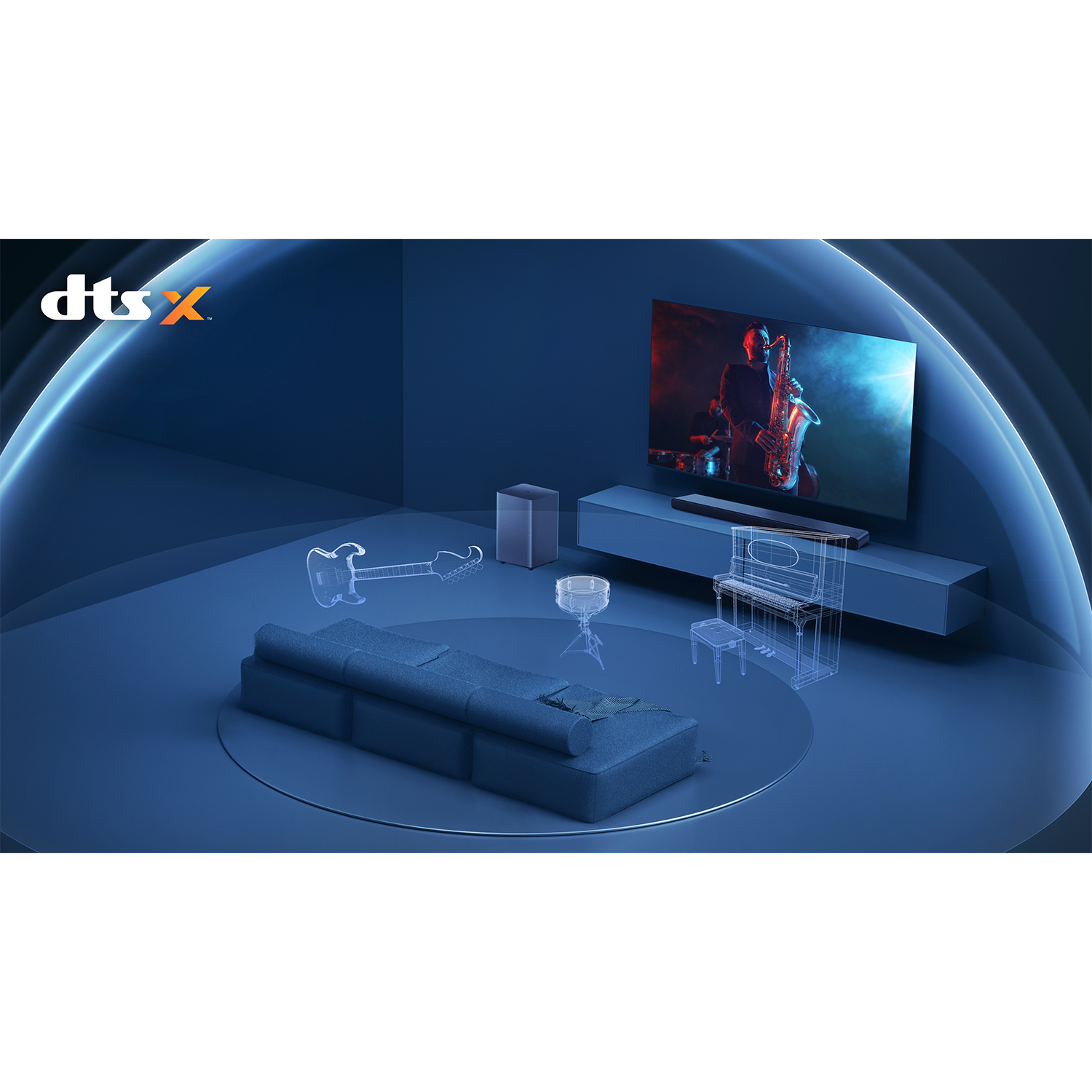 Stanza blu con TV, soundbar e altoparlanti. È visibile un cartone animato di strumenti.
