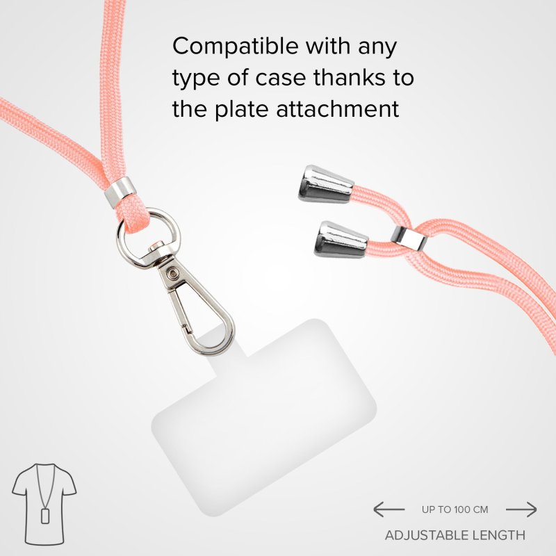Ein rosa Lanyard mit Verschluss und Telefonbefestigungsplatte auf weißem Hintergrund.