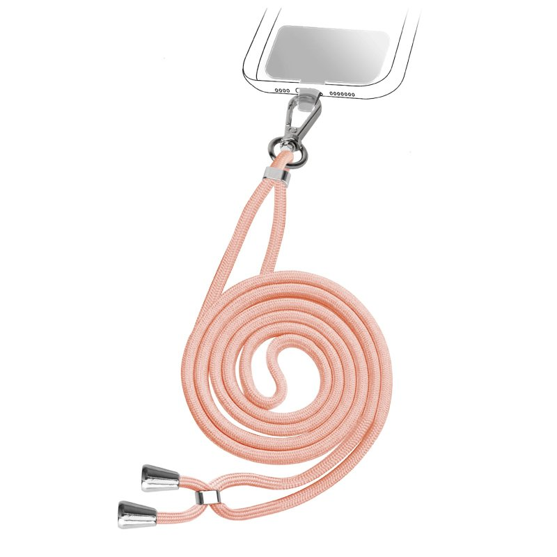 Rosa Telefon-Lanyard mit silbernem Verschluss und Endstücken, in einer Schleife.