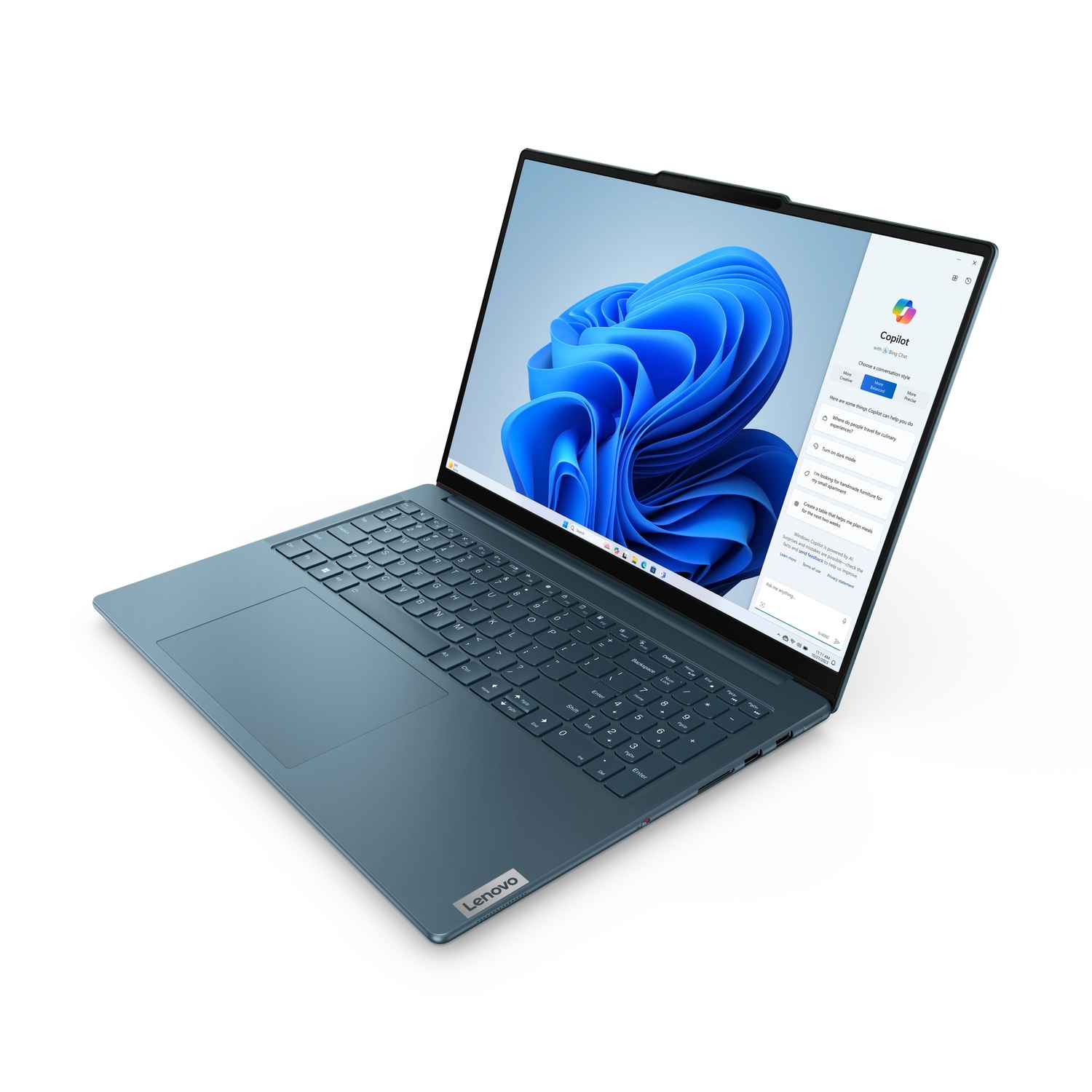 Blauwe laptop met het scherm open, met een interface met een blauwe abstracte achtergrond.