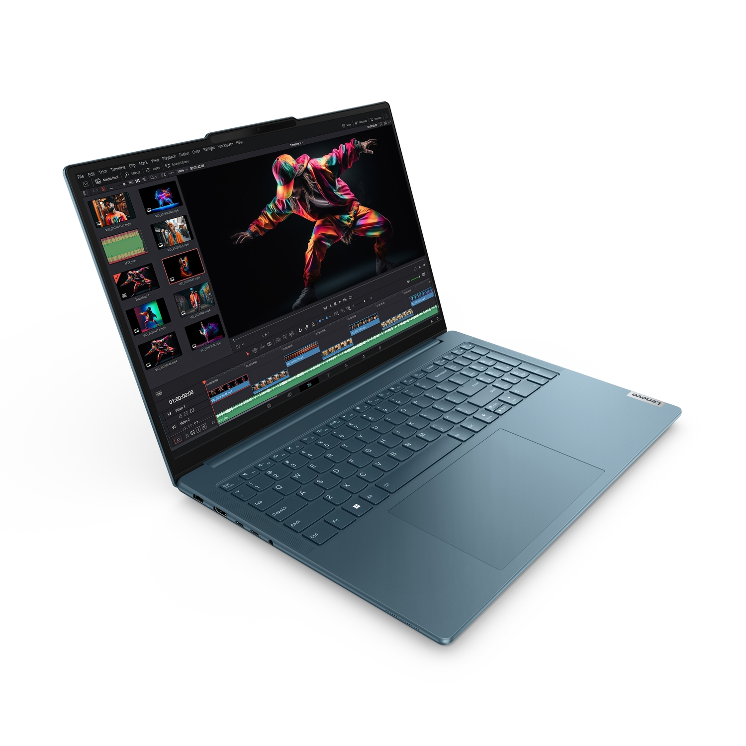 Een blauwe laptop met een video-editing interface.