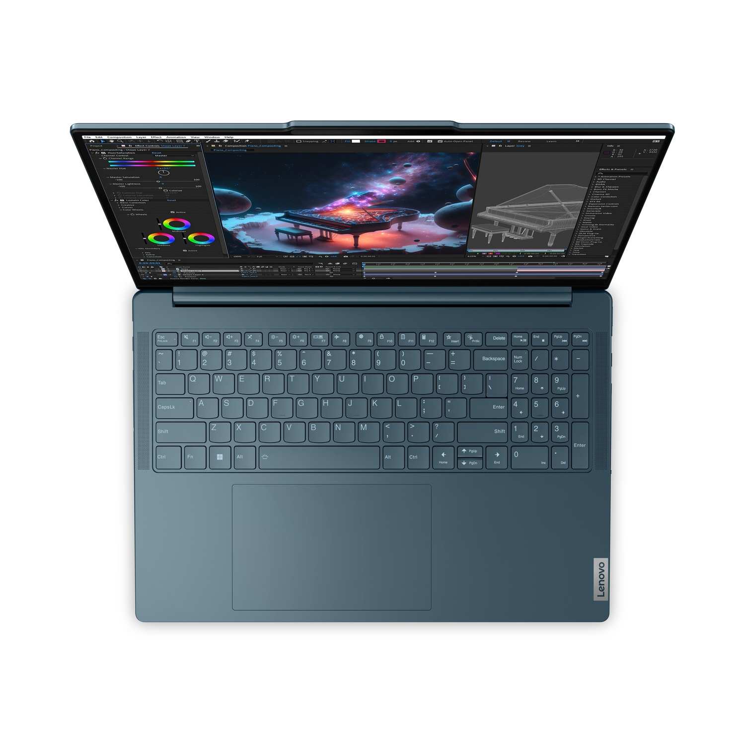 Een blauwe laptop, toetsenbord zichtbaar, met een bewerkingsinterface.