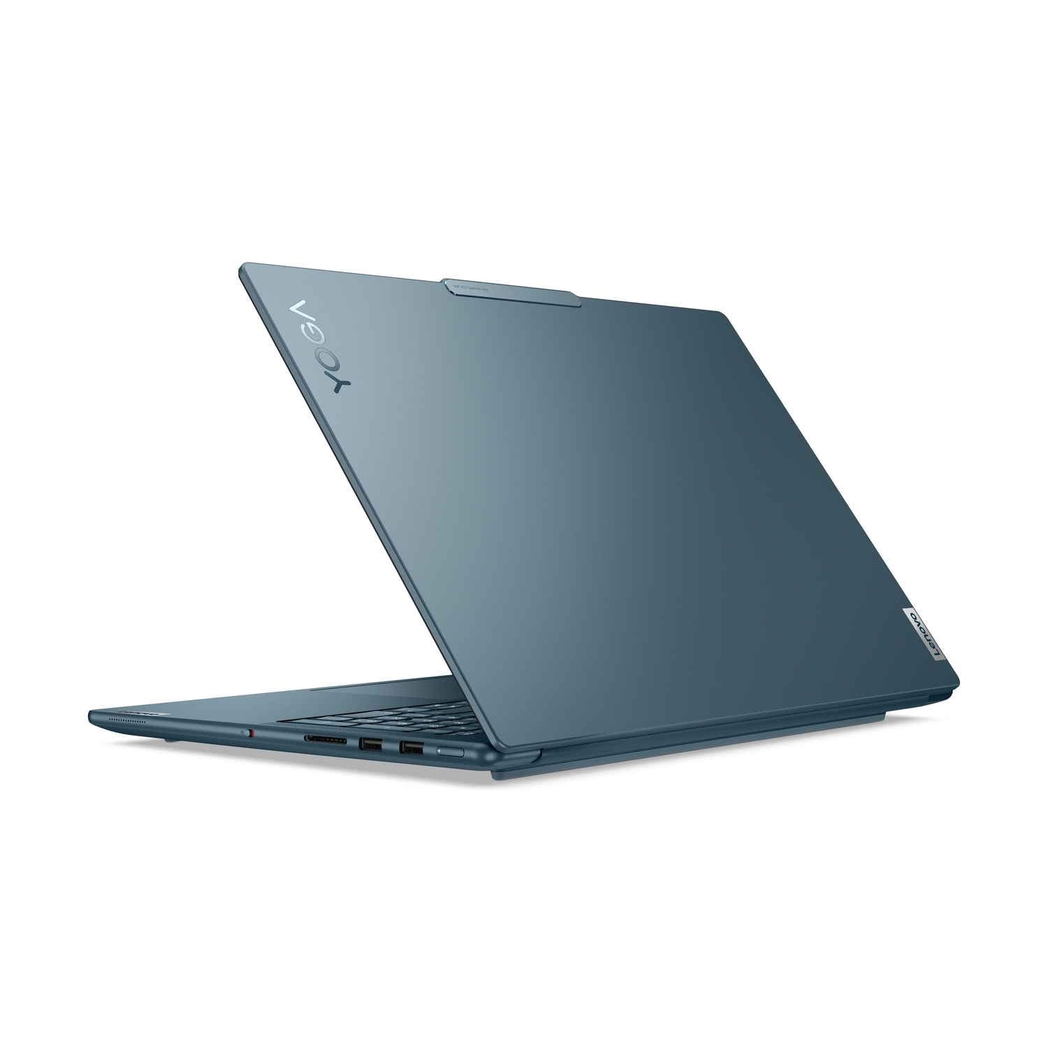 Blauwe laptop, onder een hoek geopend, met het Lenovo-logo zichtbaar.
