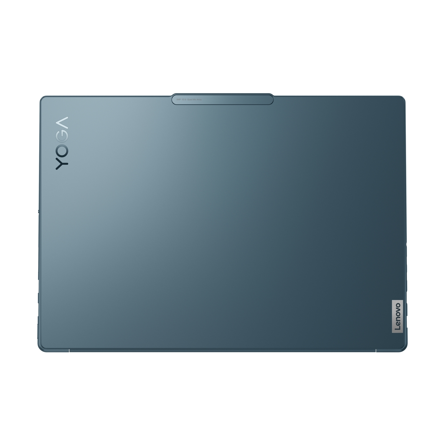 Blauw-grijze Lenovo Yoga tablet, achteraanzicht. Het woord YOGA staat verticaal gedrukt. Lenovo staat onderaan.