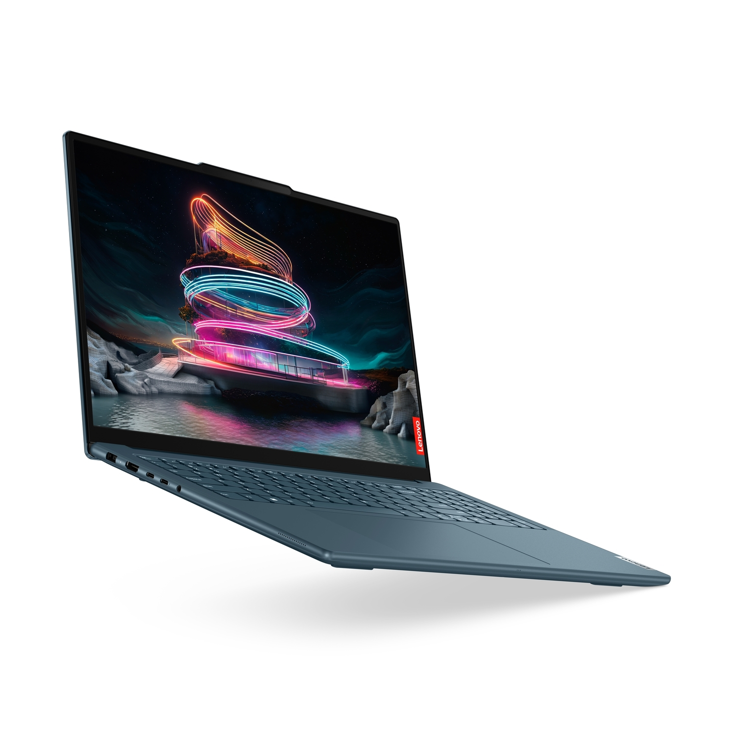 Een blauwe laptop staat iets open, in een hoek, met een kleurrijke stadsscène op het scherm.