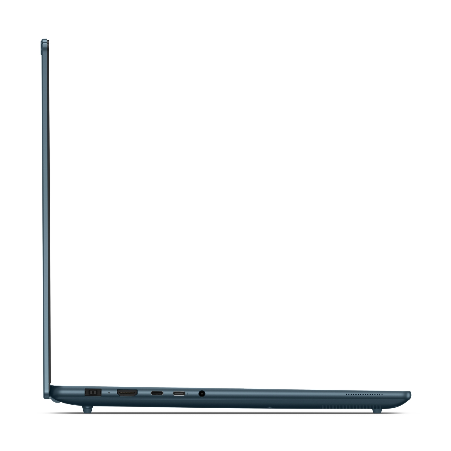 Zijaanzicht van een blauwgroene laptop. Poorten en scherm zichtbaar. Donkergrijze achtergrond.