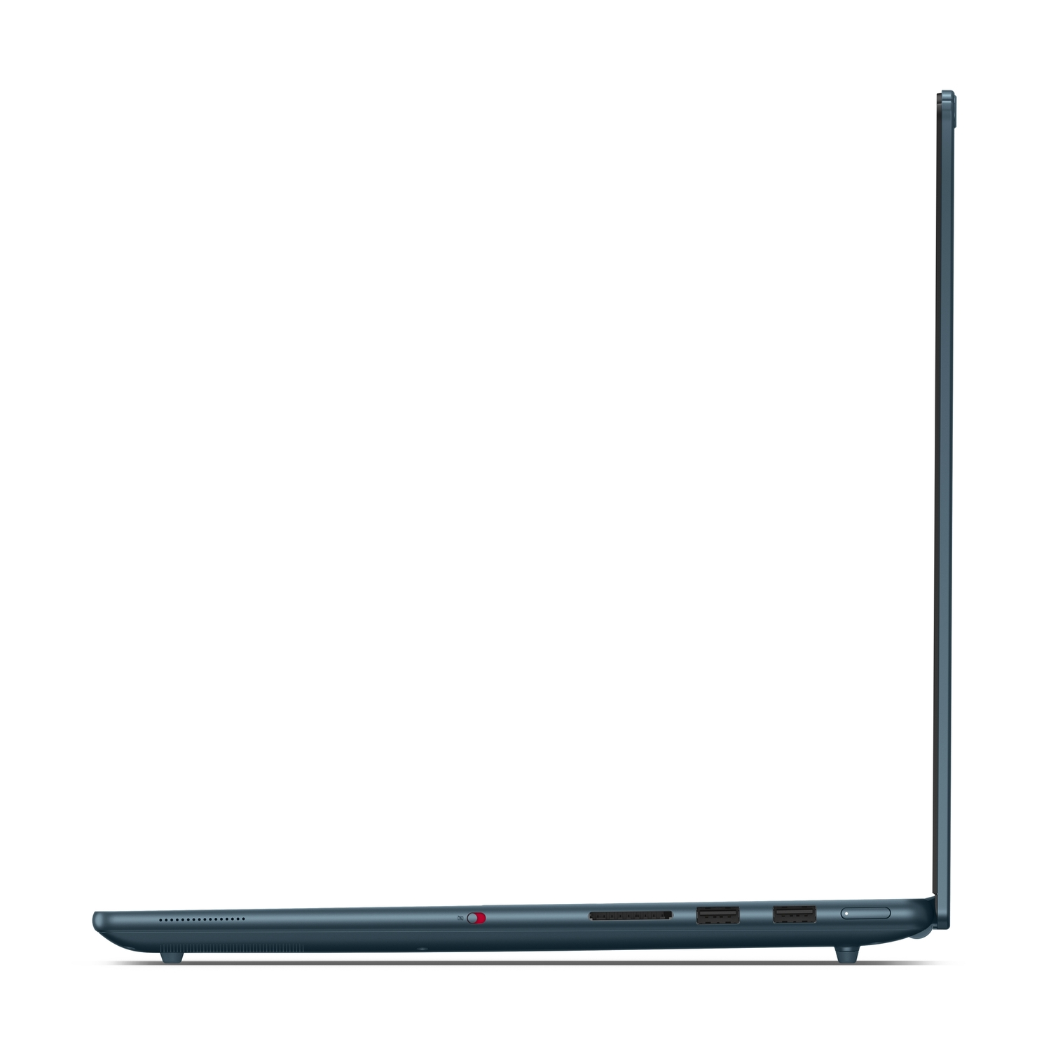 Een zijaanzicht van een donkerblauwe laptop, met het scherm, poorten en scharnier.