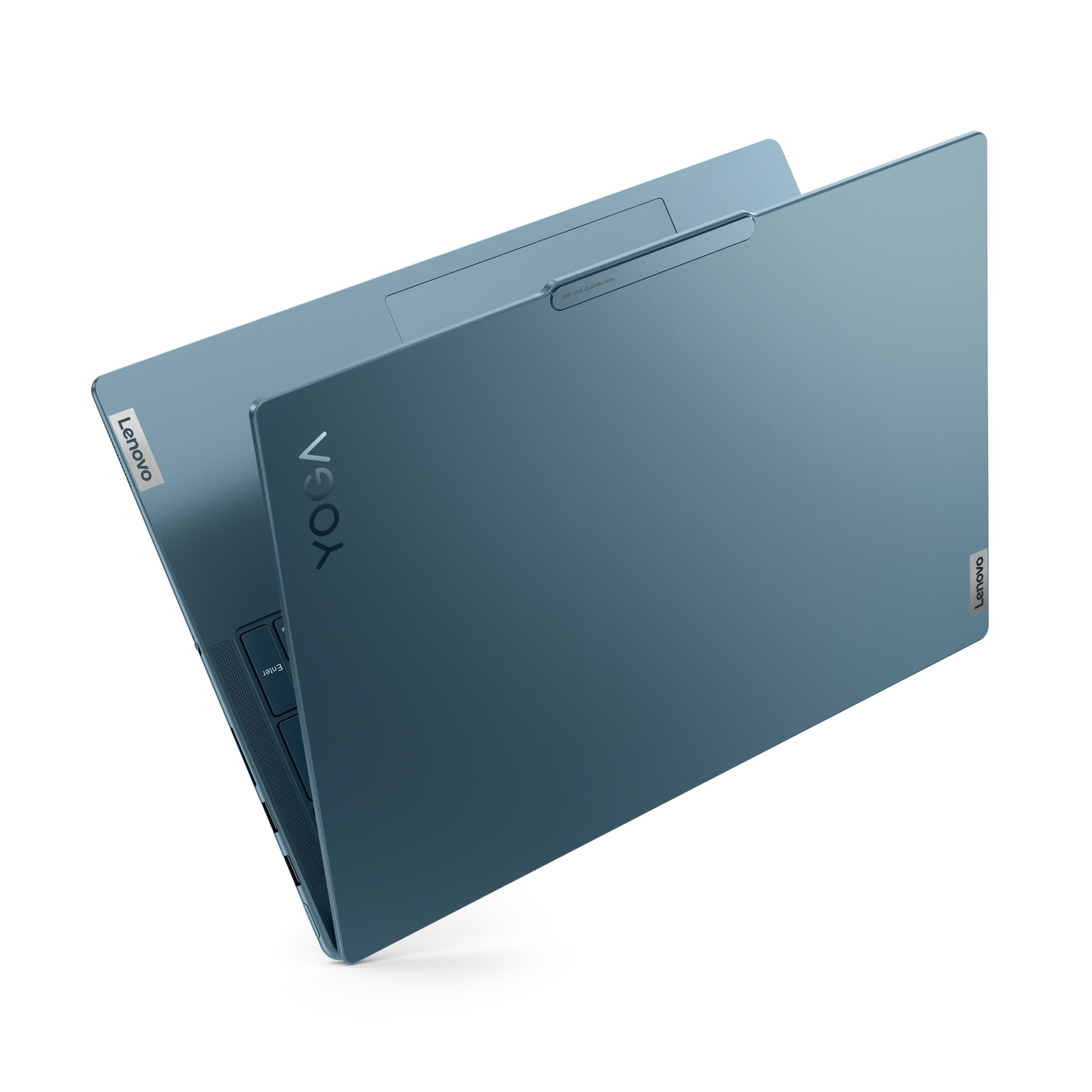Blauwe Lenovo Yoga laptop, bovenaanzicht, op witte achtergrond.