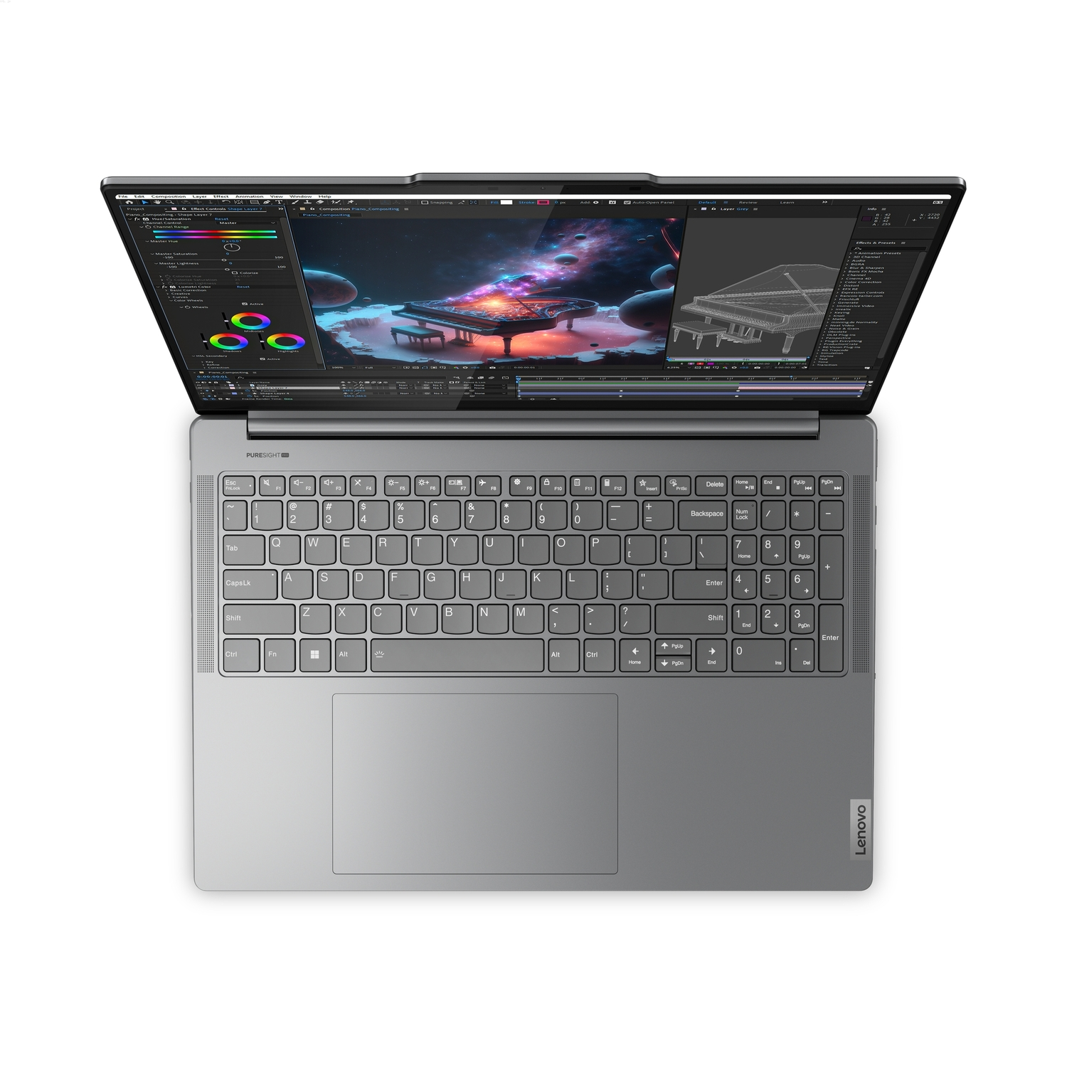 Vue de dessus d'un ordinateur portable ouvert, corps gris. Clavier et écran avec interface visibles.