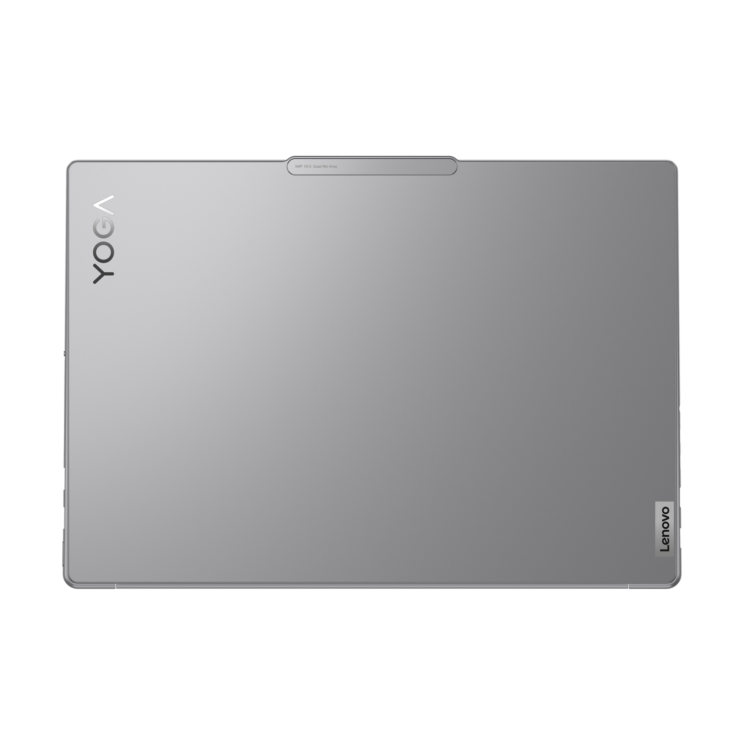 Une tablette Lenovo Yoga argentée, vue de dessus, montrant l'arrière avec le logo Yoga et la marque Lenovo.