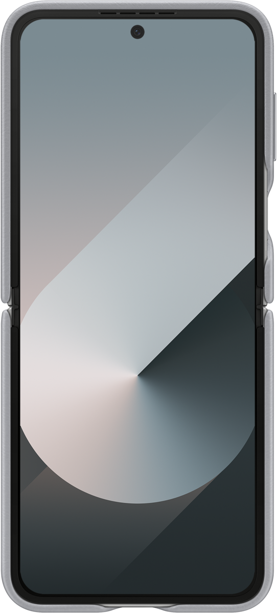 Uno smartphone con cornice argentata, schermo aperto, che mostra un design astratto.