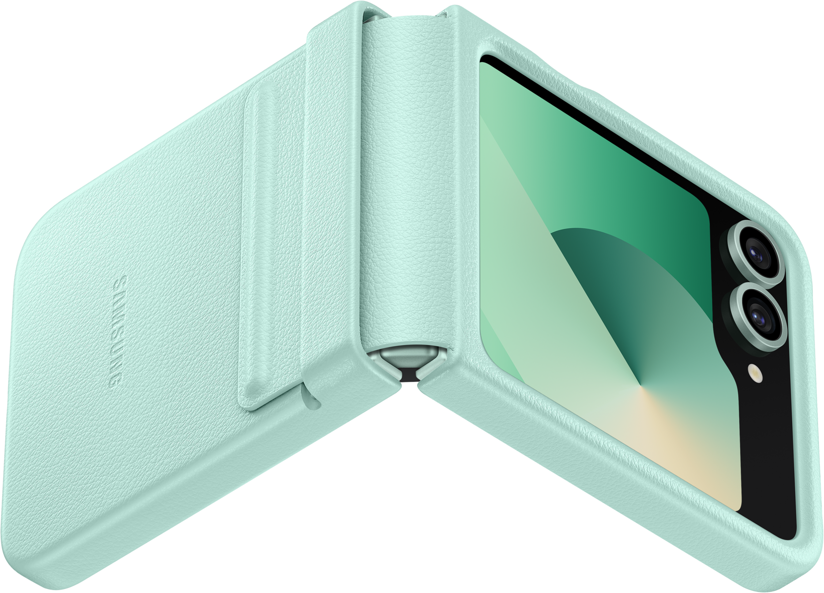 Un étui de smartphone vert menthe, ouvert pour révéler le téléphone.
