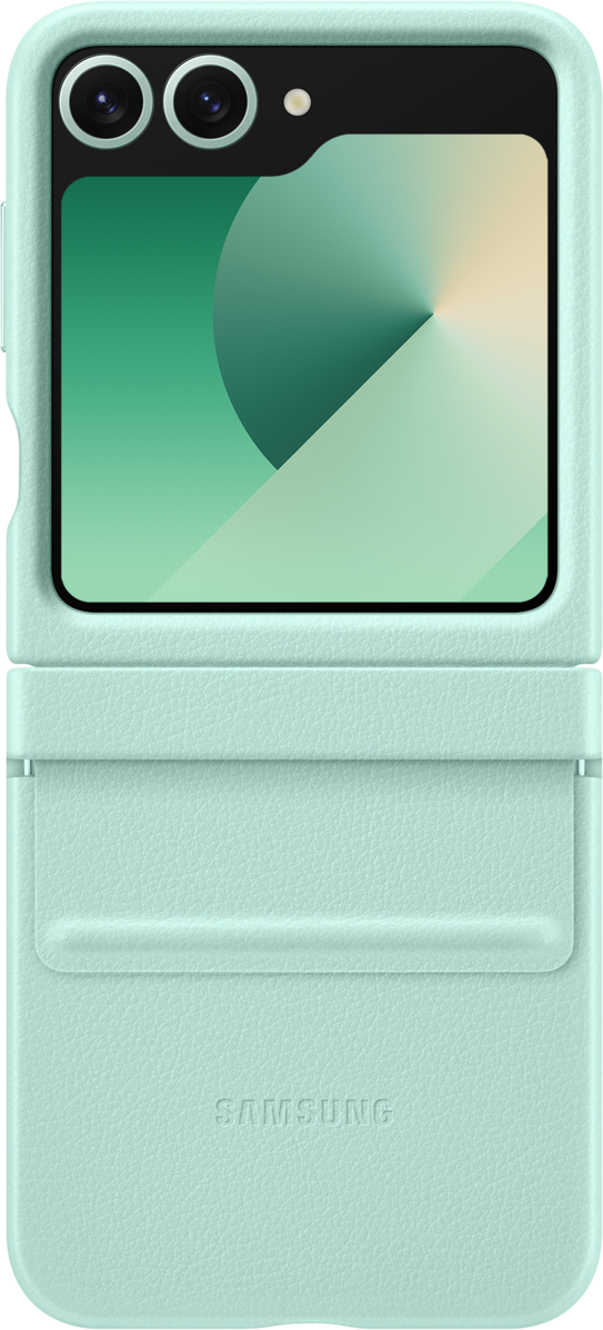 Coque de téléphone Samsung vert clair, avec écran visible. Doubles caméras et flash présents.