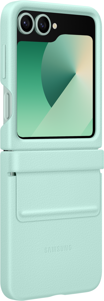 Coque de téléphone couleur menthe pour un téléphone pliable. La coque est ouverte. L'écran est visible.