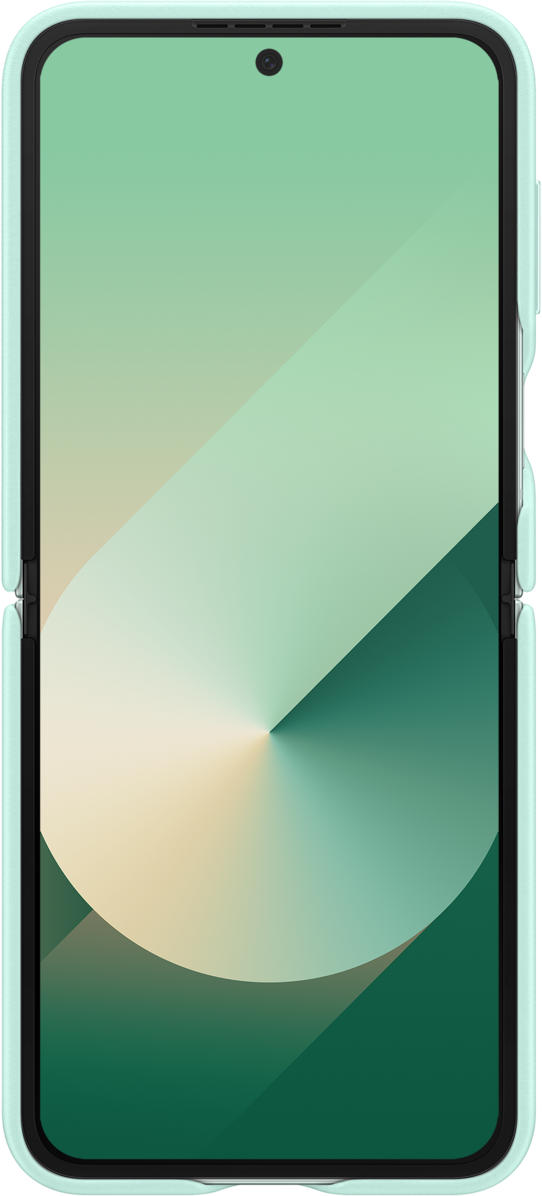 Un téléphone plié avec un étui vert menthe. L'écran est vert clair.