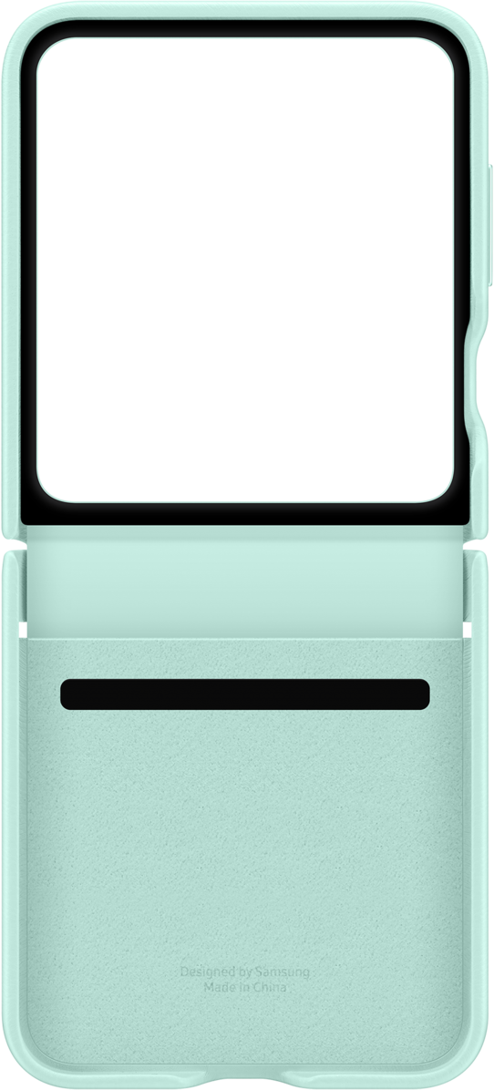Housse de téléphone vert menthe, ouverte. Écran noir et cadre vert menthe.