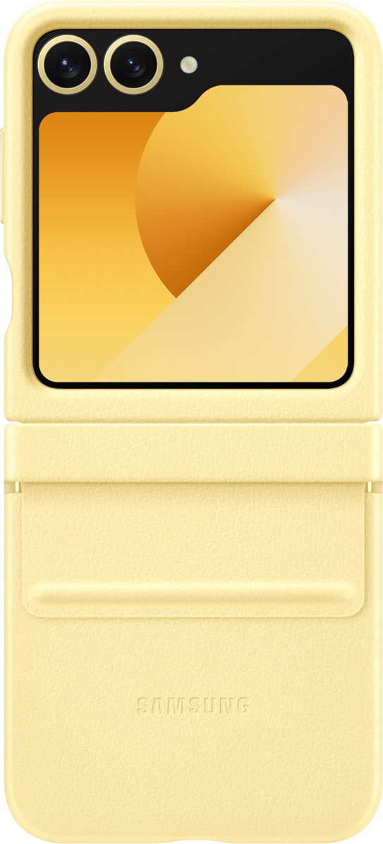 Telefono pieghevole giallo, aperto, che mostra un interno giallo e una fotocamera. Il marchio Samsung è visibile.
