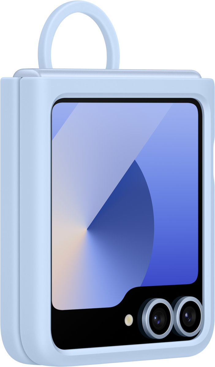 Hellblaues Telefon, geschlossen. Zwei Kameras. Blauer Bildschirm. Griff oben.
