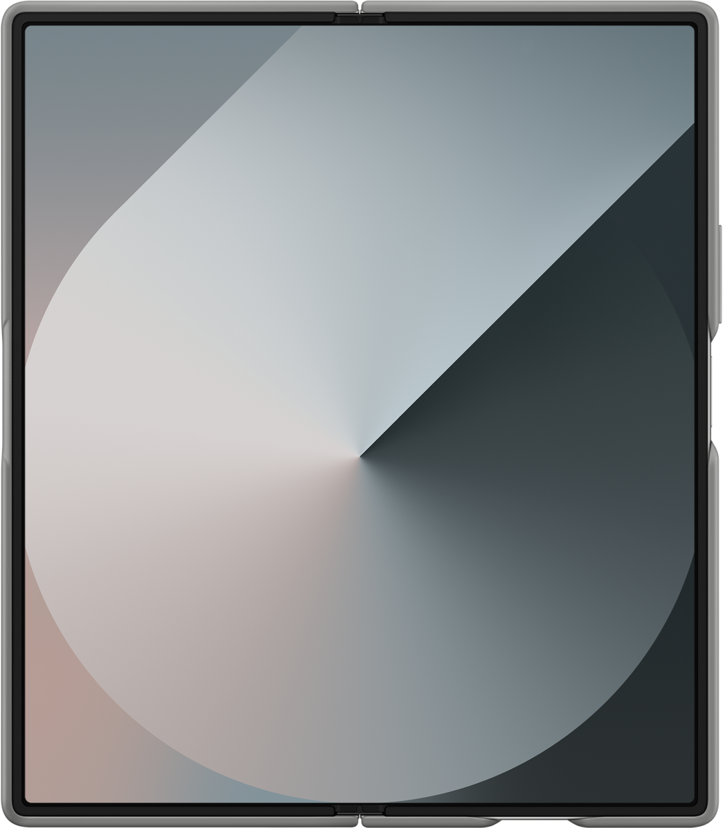 Design astratto sfumato grigio e bianco su uno schermo quadrato con cornice nera.