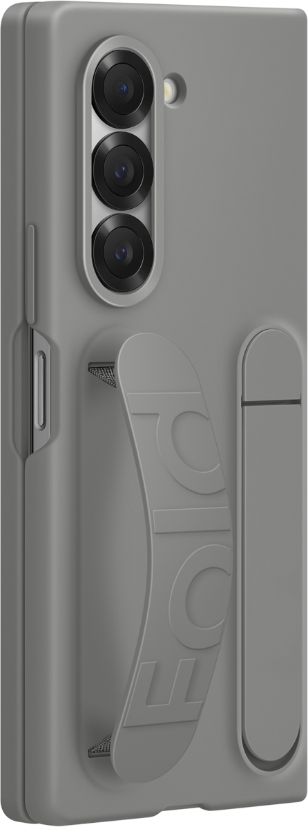 Custodia per telefono pieghevole grigio chiaro con supporto. Ha tre obiettivi sul retro.