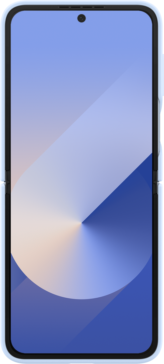 Samsung-Telefon, aufgeklappt, hellblaues Gehäuse, Bildschirm an.
