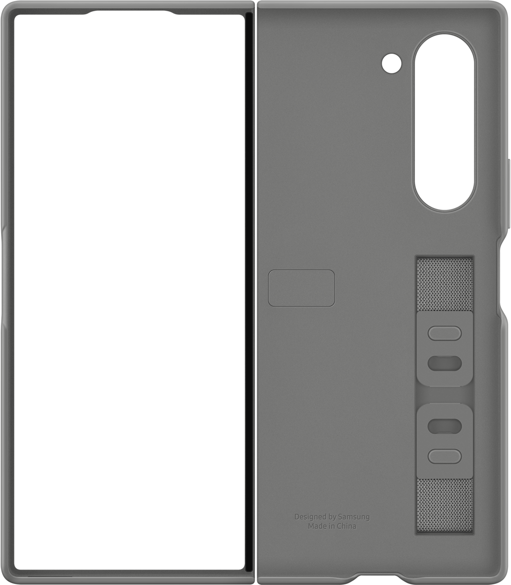 Una custodia grigia per telefono con schermo nero e cover posteriore grigia.