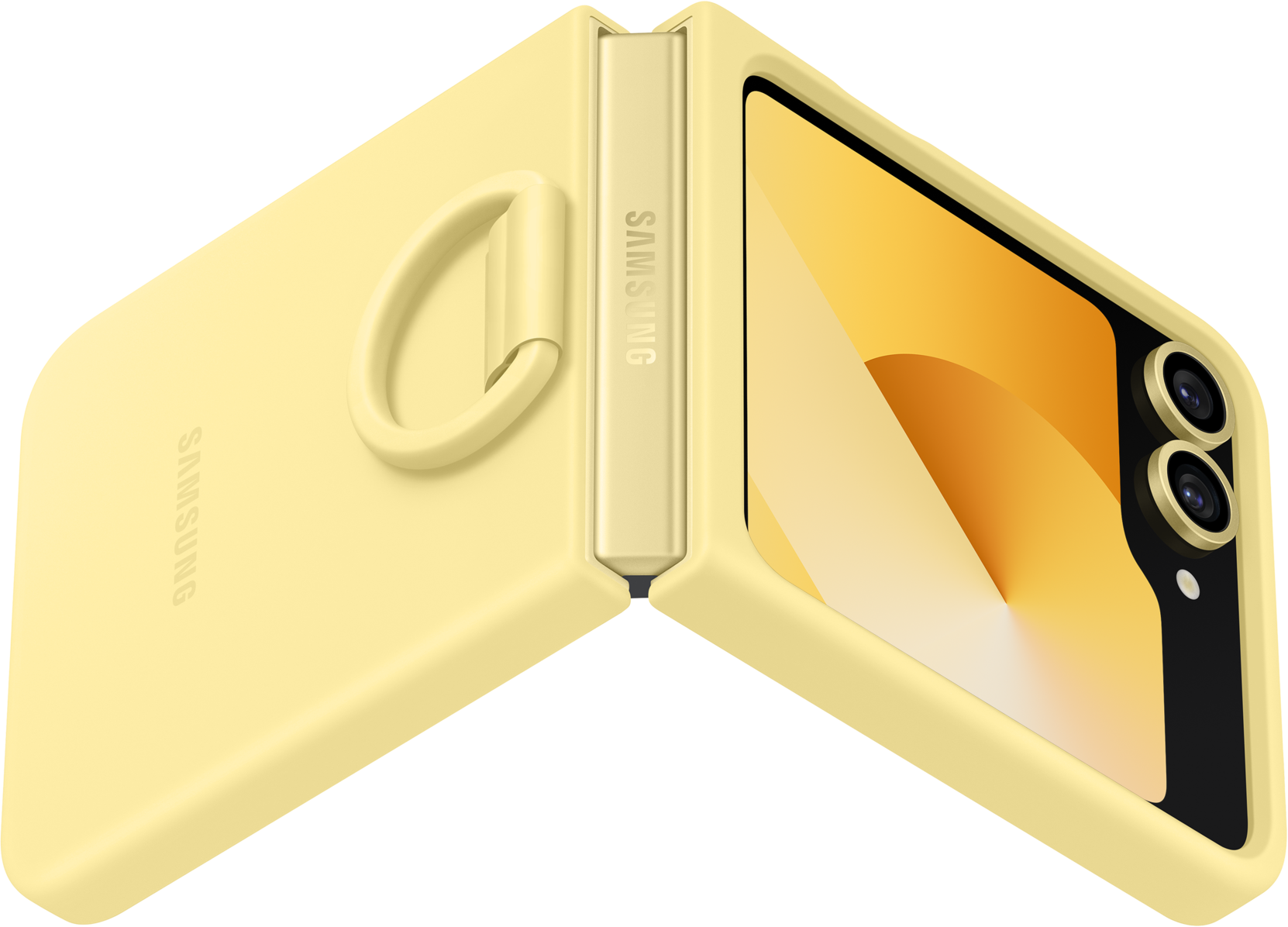 Un téléphone pliable Samsung jaune est ouvert. Le téléphone est dans un étui jaune.
