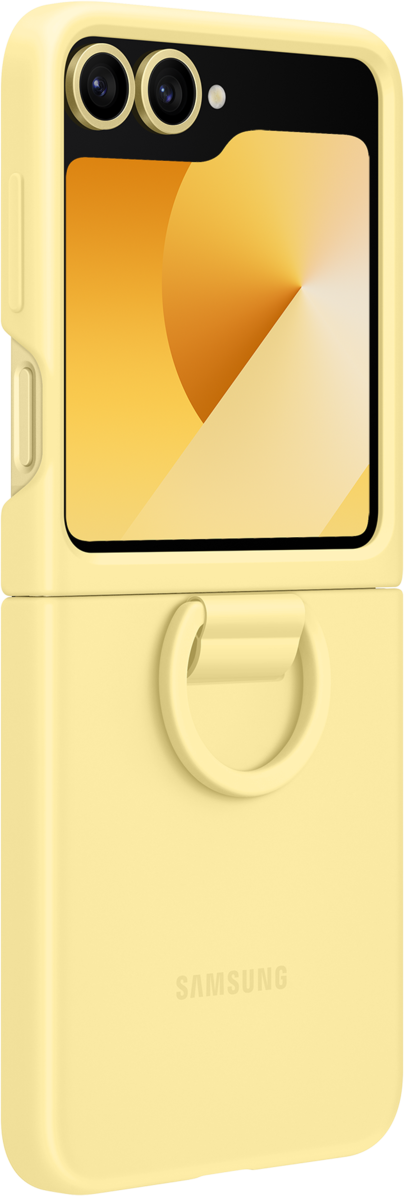 Téléphone jaune plié avec anneau en bas, haut noir et écran jaune.