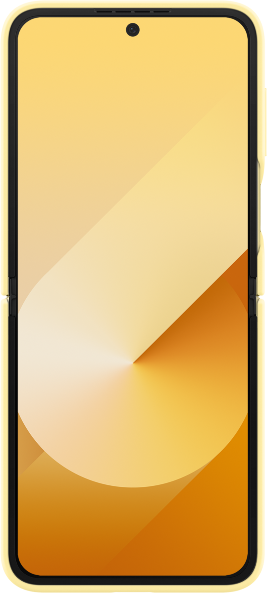 Téléphone Samsung, plié ouvert, jaune doré, écran allumé.