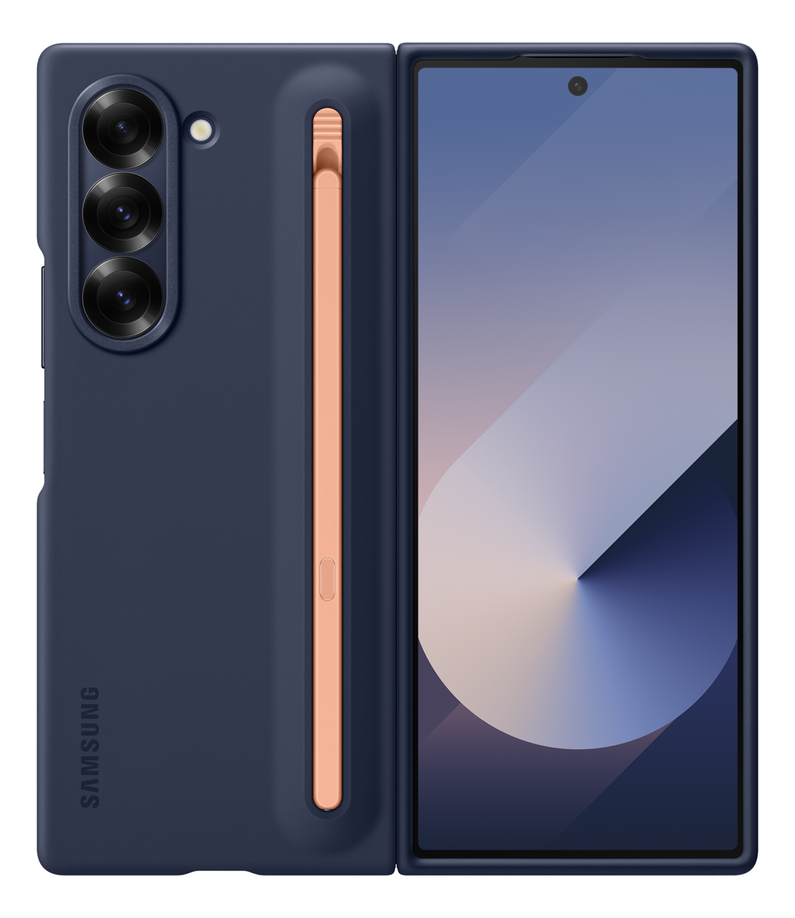 Zusammengeklappte und aufgeklappte Handyhülle. Das Telefon ist marineblau mit Stift.