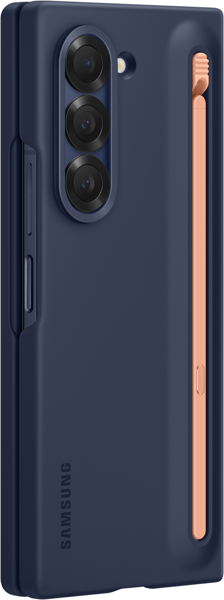Marineblaue Handyhülle mit Stift, bedeckt ein geschlossenes Smartphone.