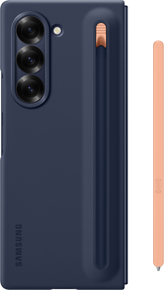 Dunkelblaues Klapphandy mit drei Kameras und einem orangefarbenen Stift. Marke Samsung sichtbar.