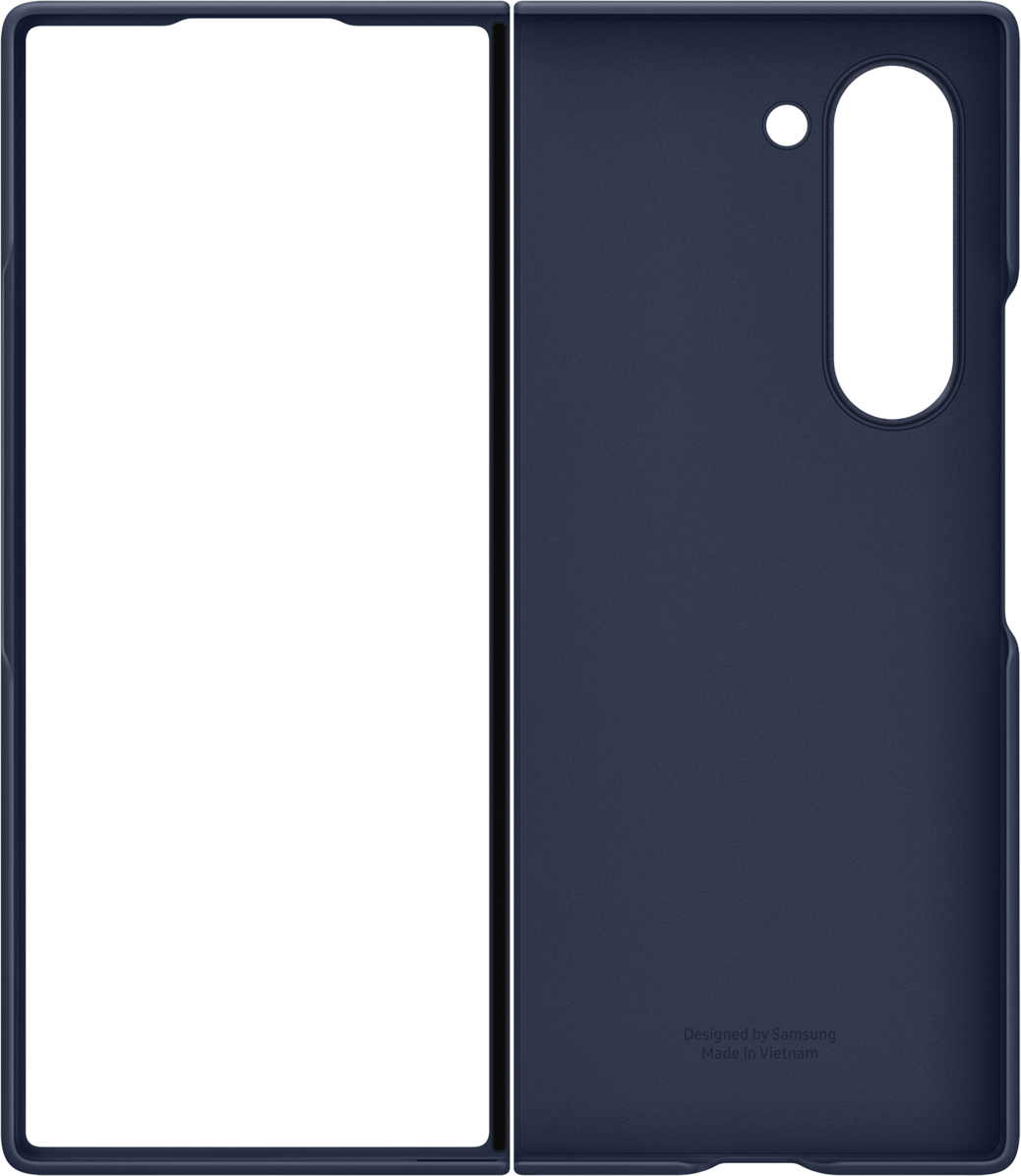 Dunkelblaues Handycase, offen, mit schwarzem Innenraum. Samsung Logo sichtbar.
