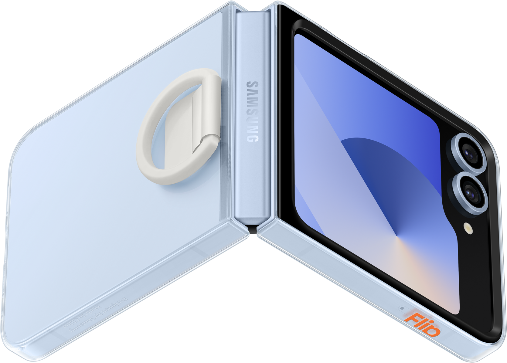 Telefono Samsung, aperto, azzurro, anello bianco, schermo acceso.