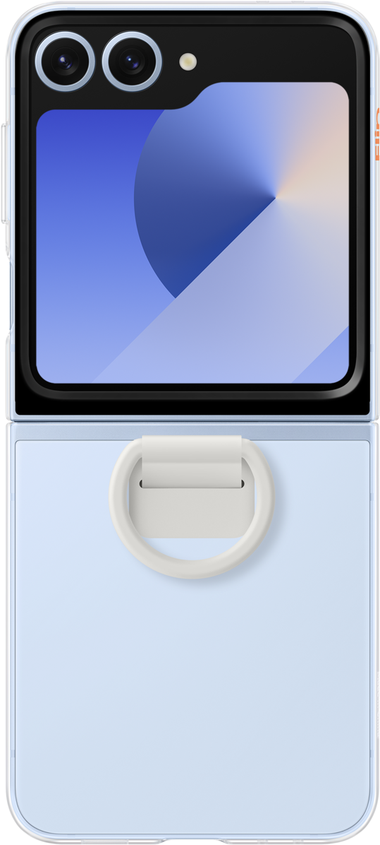 Un telefono Samsung Galaxy Z Flip azzurro, aperto. Un anello bianco è sulla base. Schermo nero.