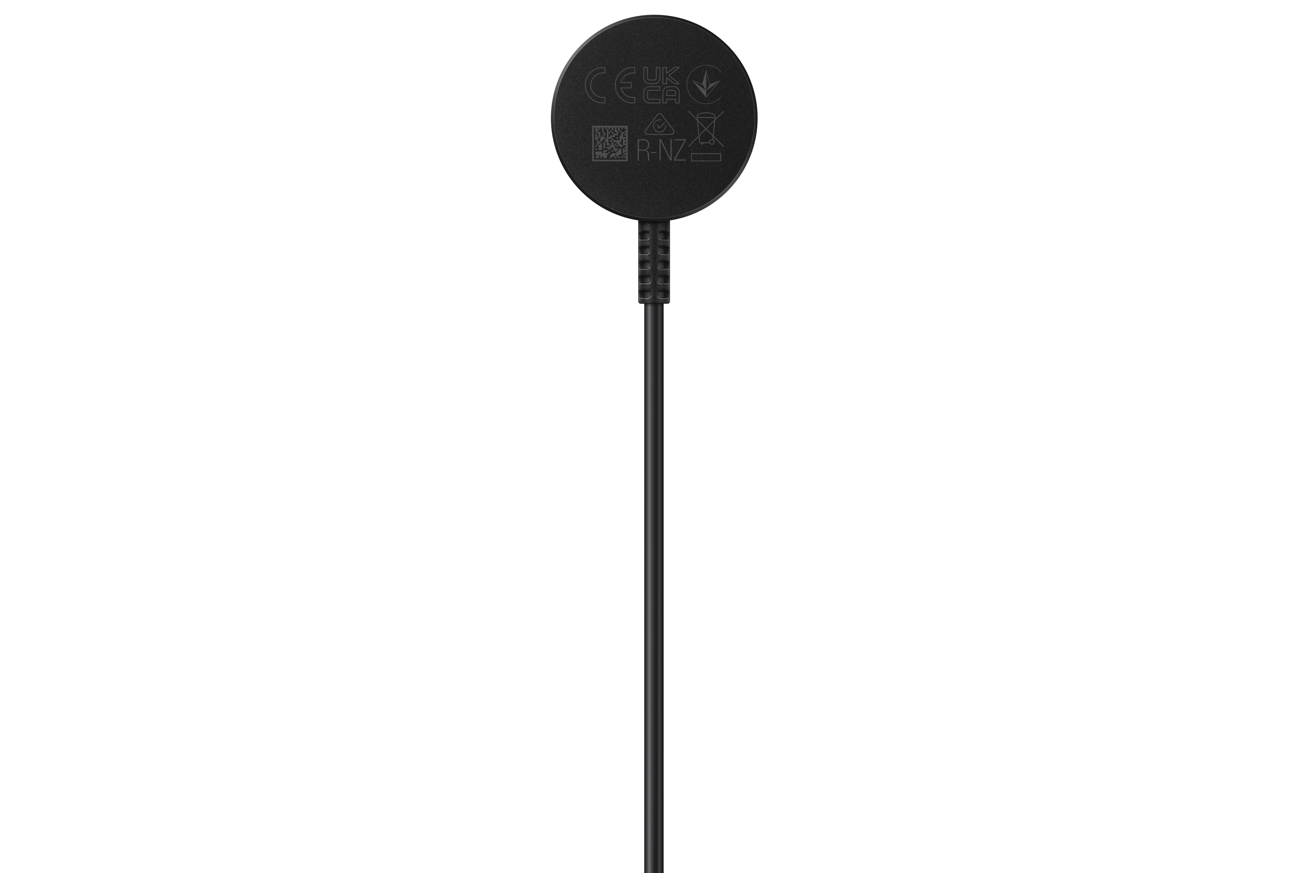 Schwarzes kreisförmiges Gerät mit einem Kabel. Die Rückseite des Geräts hat Text und Logos.