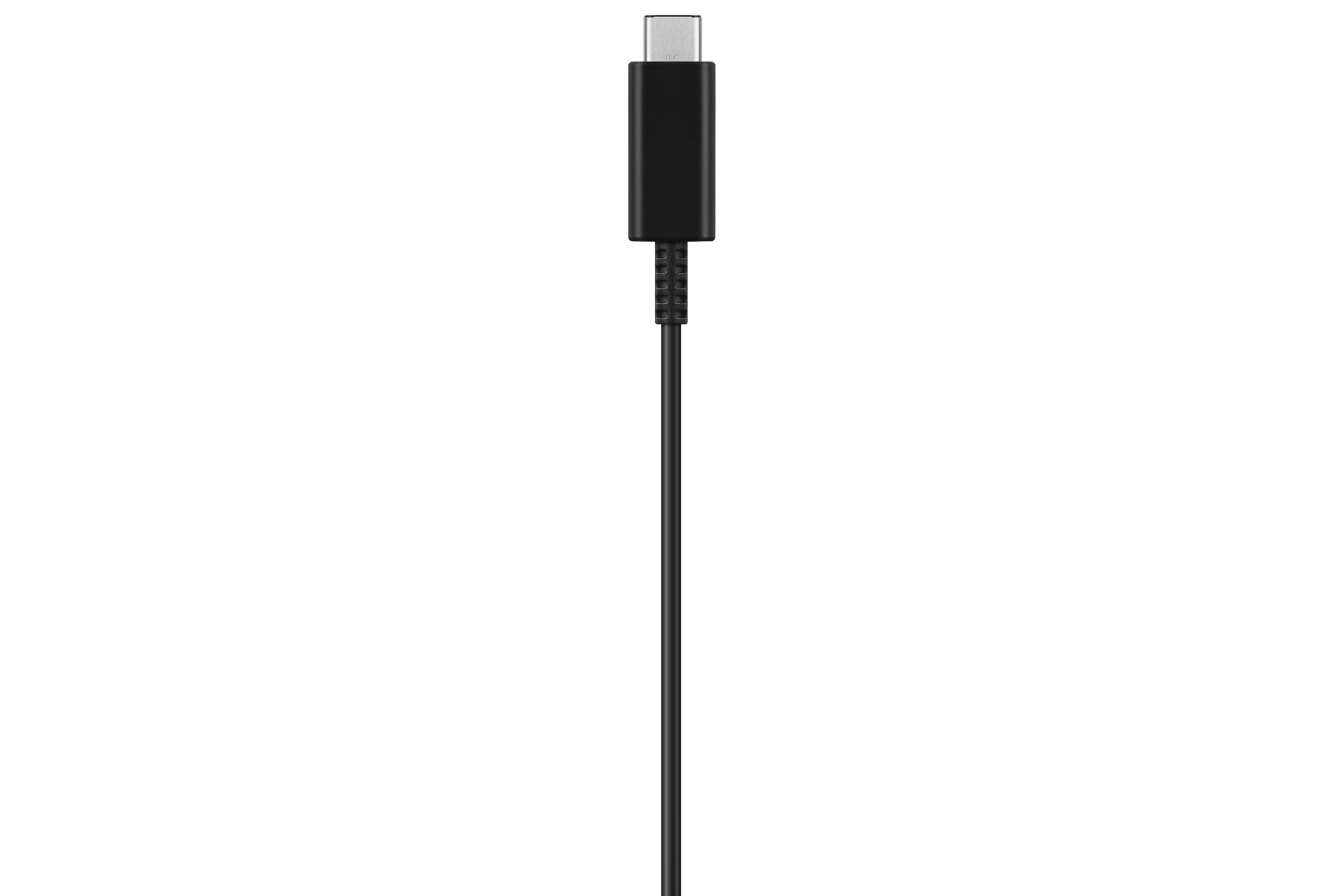 Schwarzes USB-C-Kabel, gerade, vor weißem Hintergrund. Der Stecker ist sichtbar.