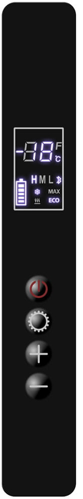 Zbliżenie na cyfrowy wyświetlacz i przyciski sterowania czarnej lodówki przenośnej. Wyświetla ustawienia.