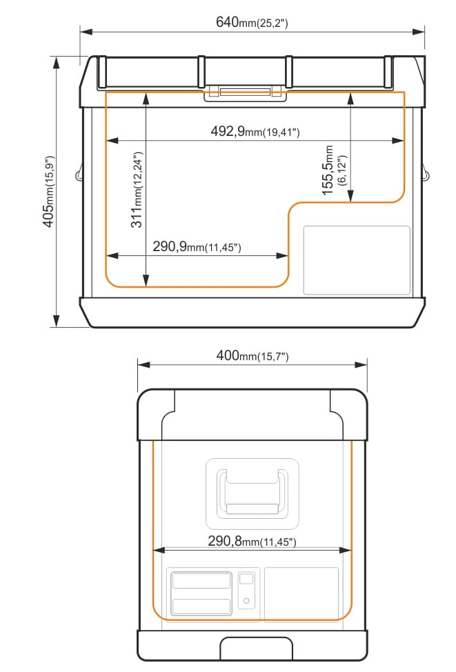 Schemat przedstawiający wymiary czarnej lodówki przenośnej. Zawiera wymiary w mm i calach.