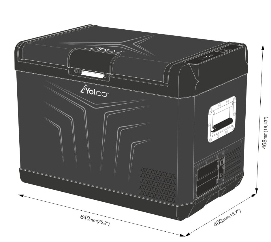Czarna przenośna lodówka z nadrukiem. Posiada logo Yolco, wymiary widoczne na zdjęciu.