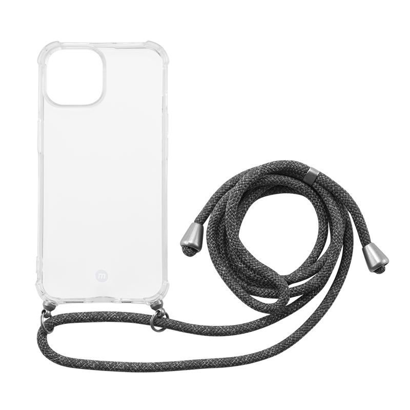 Gri telefon askılı şeffaf telefon kılıfı, askı metal uçlu örgülü bir kordondur.