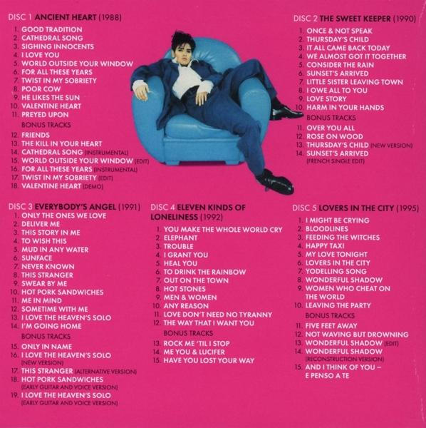 Albumcover mit Titellisten. Eine Person sitzt auf einem Stuhl.