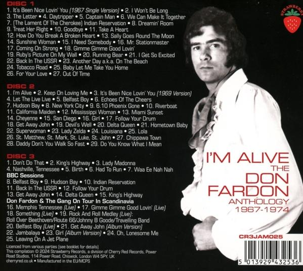 Albumcover mit Mann im weißen Hemd. Text enthält 'I'm Alive' und Songtitel.