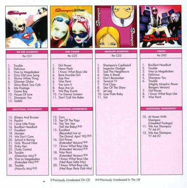 CD-Cover mit verschiedenen Bildern der Band Shampoo. Das Cover listet Songs und zusätzliche Zutaten auf.