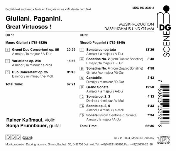 CD-Rückseite mit Titelliste von Giuliani und Paganini. Enthält Spieldauer, Komponisteninformationen und Credits.
