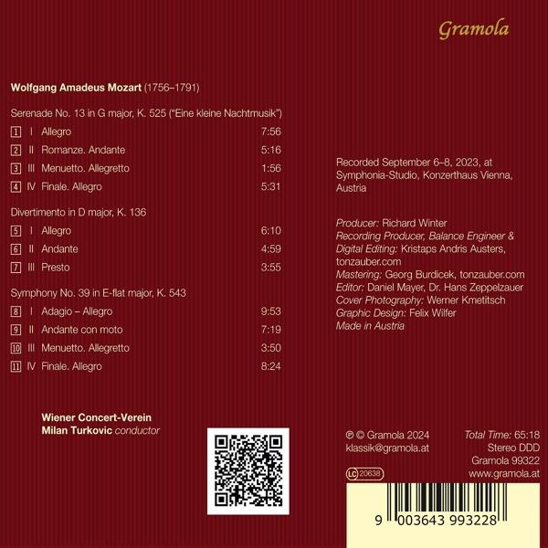 CD-Rückseite mit Titeln von Wolfgang Amadeus Mozart. Enthält Informationen über die Aufführung.