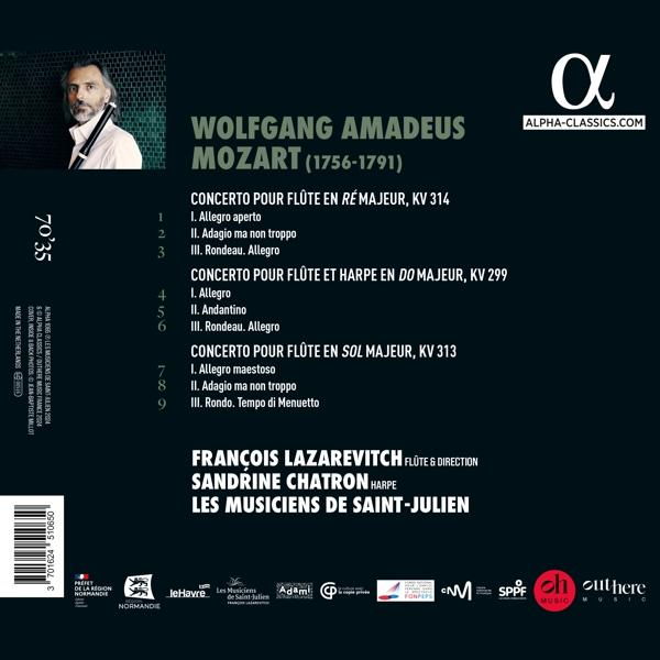 CD-Cover mit Foto eines Mannes mit Flöte und Text über Mozart. Grün-weißer Hintergrund.