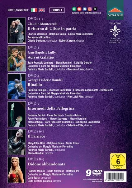 DVD-Hülle hinten mit Operntiteln und Details. Enthält Informationen zu Regisseuren, Dirigenten und Schauspielern.